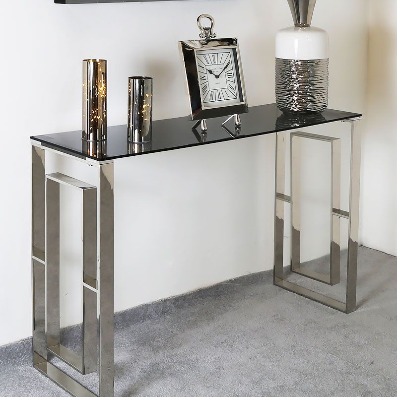 Plaza Contemporary Stainless Steel Smoked Glass Console Display Table Throughout Brass Smoked Glass Console Tables (Gallery 19 of 20)