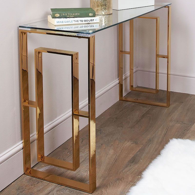 Plaza Gold Contemporary Clear Glass Console Display Table | Picture Inside Metallic Gold Modern Console Tables (View 15 of 20)