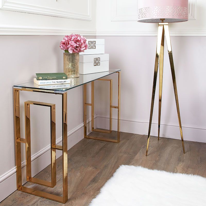 Plaza Gold Contemporary Clear Glass Console Display Table | Picture Throughout Gold And Clear Acrylic Console Tables (View 14 of 20)