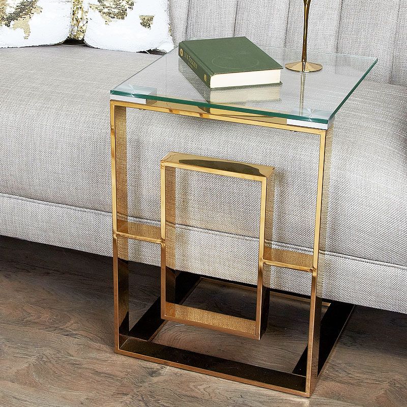 Plaza Gold Contemporary Clear Glass Sofa Table Side End Display Table With Geometric Glass Top Gold Console Tables (View 14 of 20)