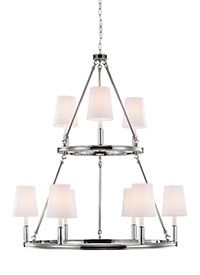 Polished Nickel Lismore 9 Light 2 Tier Chandelier With White Fabric Shades Throughout Beige And Light Pink Ombre Cylinder Pouf Ottomans (View 7 of 20)