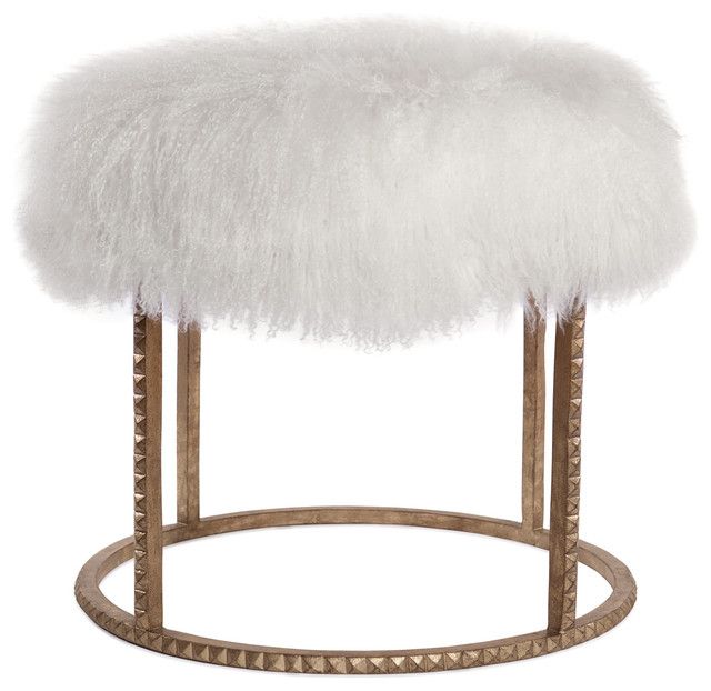 Pom Pom Hollywood Regency White Lamb Gold Studded Pouf Ottoman Inside White Faux Fur And Gold Metal Ottomans (View 3 of 20)