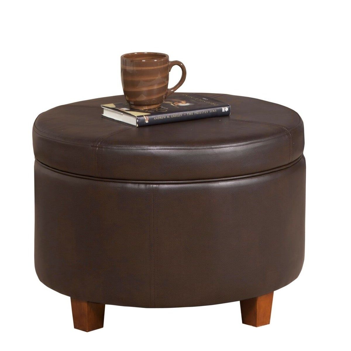 Porch & Den Rockwell Chocolate Brown Faux Leather/foam/wood Large Round Intended For Brown Faux Leather Tufted Round Wood Ottomans (View 12 of 20)