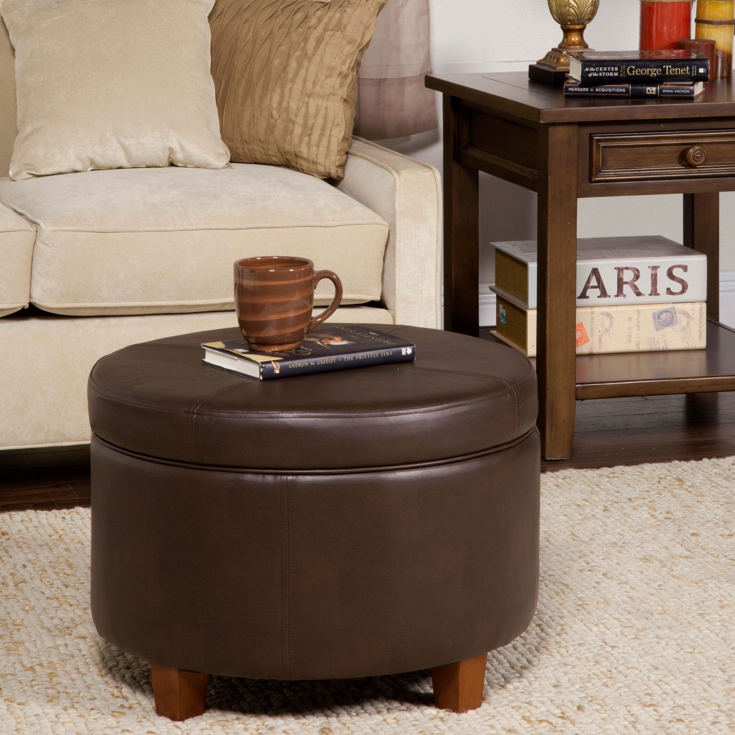 Porch & Den Rockwell Chocolate Brown Faux Leather/foam/wood Large Round Pertaining To Brown Faux Leather Tufted Round Wood Ottomans (View 2 of 20)