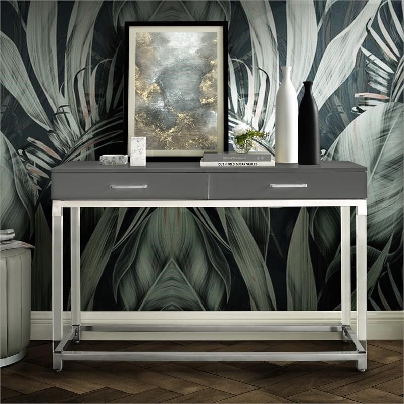 Posh Briar 2 Drawer Metal Console Table With Acrylic Legs In Dark Gray With Gray And Gold Console Tables (View 9 of 20)