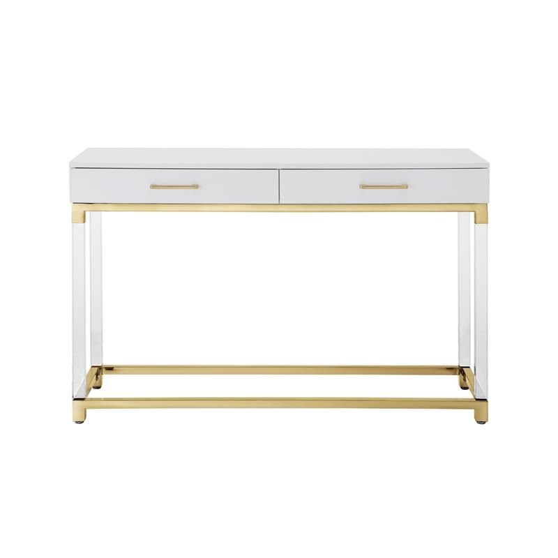 Posh Briar 2 Drawer Metal Console Table With Acrylic Legs In White/gold Regarding Gold And Clear Acrylic Console Tables (View 13 of 20)