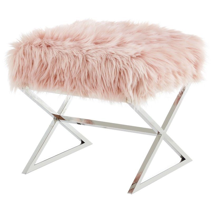 Posh Colin Faux Fur Fabric Ottoman With Stainless Steel X Legs In Rose With Chrome Metal Ottomans (View 12 of 20)