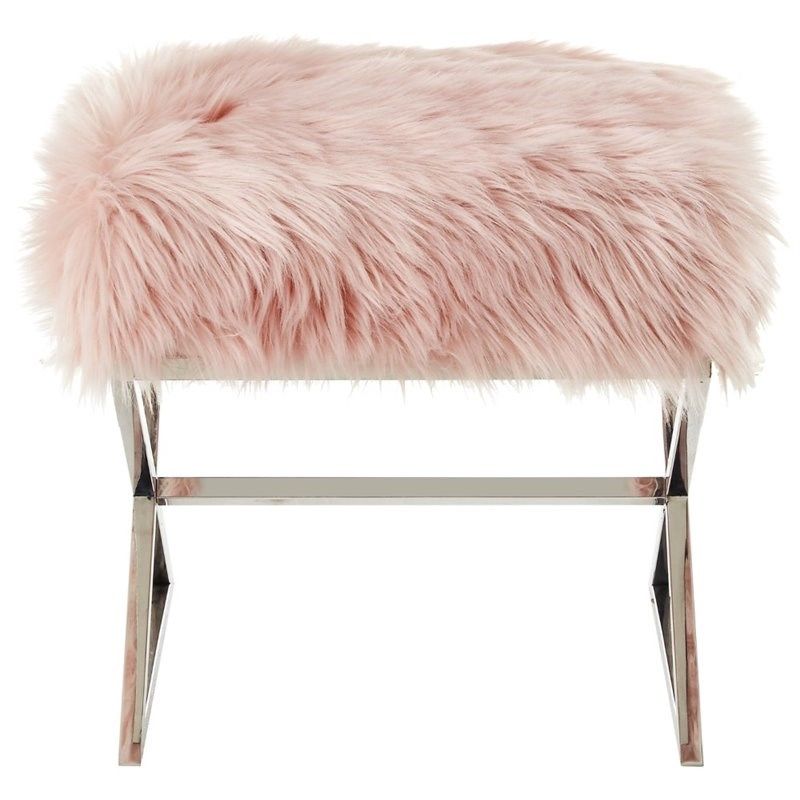 Posh Colin Faux Fur Fabric Ottoman With Stainless Steel X Legs In Rose With Chrome Metal Ottomans (View 16 of 20)