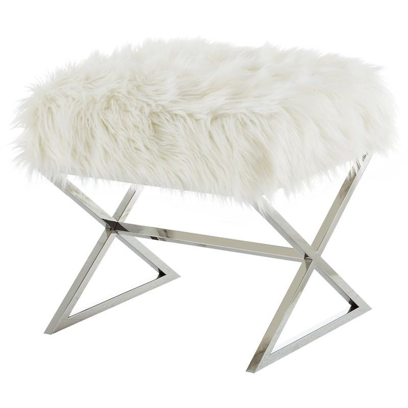 Posh Colin Faux Fur Fabric Ottoman With Stainless Steel X Legs In White With Regard To Chrome Metal Ottomans (View 8 of 20)