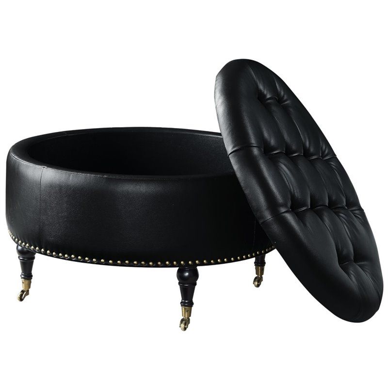 Posh Living Landon Tufted Faux Leather Storage Ottoman With Casters In For Black White Leather Pouf Ottomans (View 14 of 20)