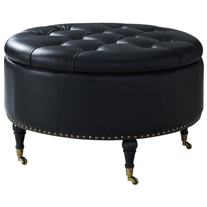 Posh Living Landon Tufted Faux Leather Storage Ottoman With Casters In Regarding Black White Leather Pouf Ottomans (View 7 of 20)
