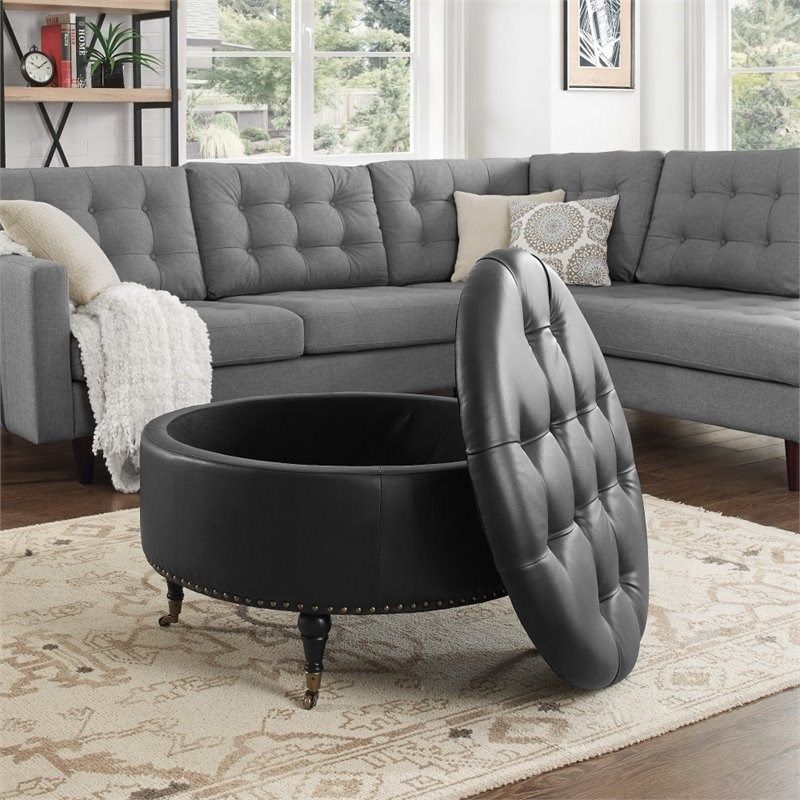 Posh Living Landon Tufted Faux Leather Storage Ottoman With Casters In Within Black Faux Leather Tufted Ottomans (View 6 of 20)