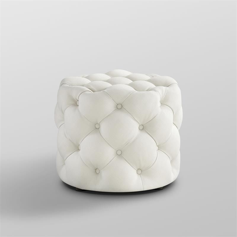 Posh Living Michalina Modern Linen Fabric Round Ottoman In Cream/white Pertaining To Cream Linen And Fir Wood Round Ottomans (View 11 of 20)