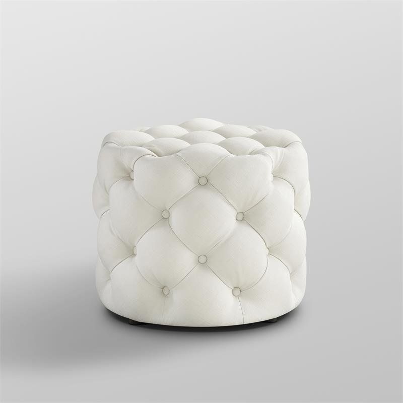 Posh Living Michalina Modern Linen Fabric Round Ottoman In Cream/white Within Cream Wool Felted Pouf Ottomans (View 8 of 20)