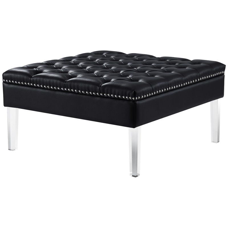 Posh Luke Tufted Faux Leather Oversized Ottoman With Acrylic Legs In With Black Leather And Bronze Steel Tufted Ottomans (View 2 of 20)