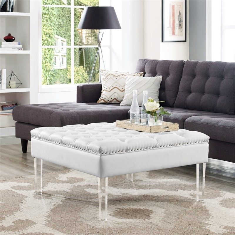 Posh Luke Tufted Faux Leather Oversized Ottoman With Acrylic Legs In Within White Leather And Bronze Steel Tufted Square Ottomans (View 5 of 20)