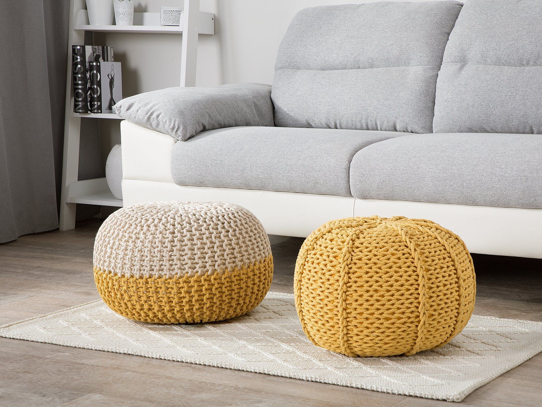 Pouffe Ottoman 50 X 35 Cm Beige And Yellow Conrad | Pouffe Ottoman Intended For Scandinavia Knit Tan Wool Cube Pouf Ottomans (View 19 of 20)