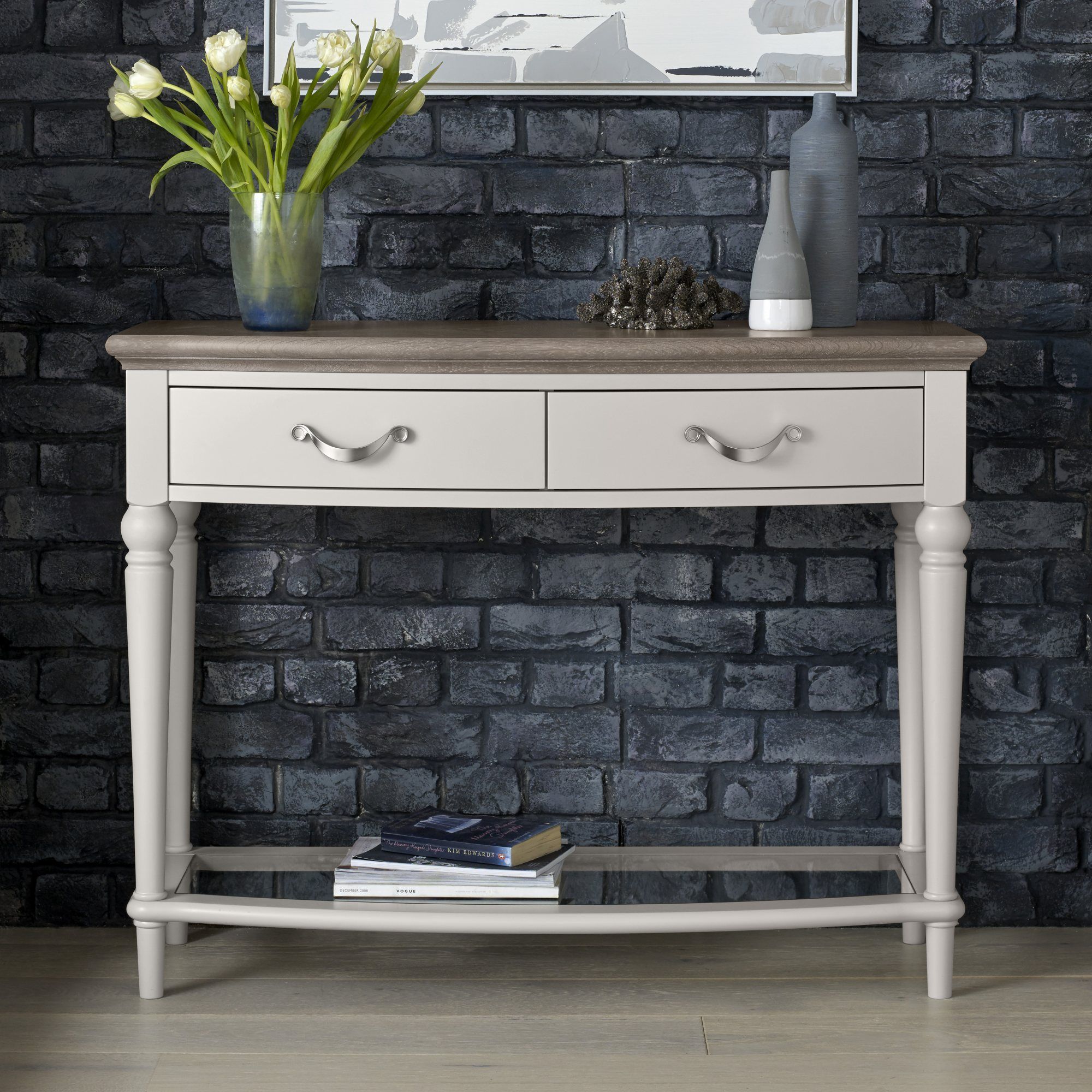 Premier Collection Montreux Grey Washed Oak & Soft Grey Console Table In Gray Wash Console Tables (View 8 of 20)