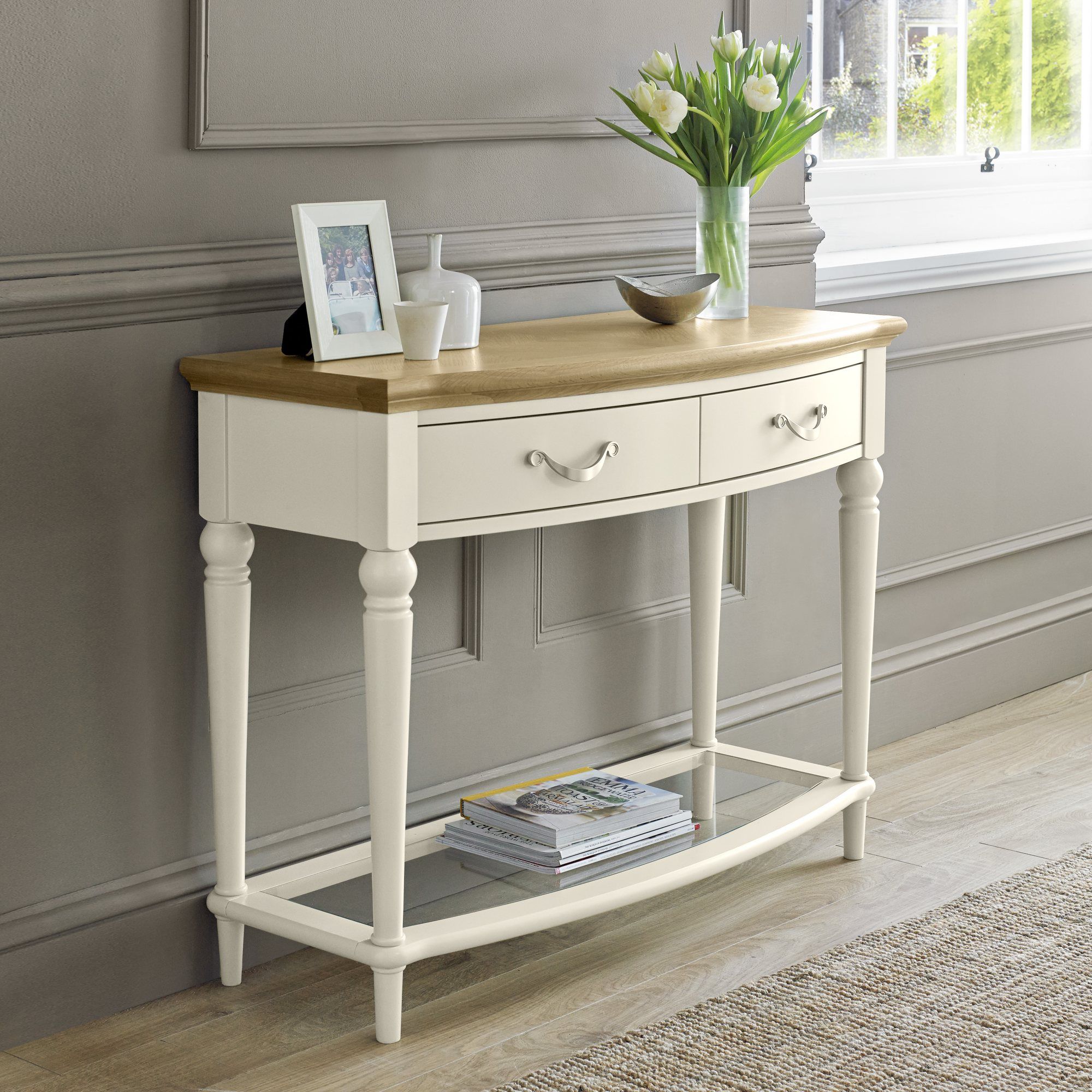 Premier Collection Montreux Pale Oak & Antique White Console Table With Inside White Triangular Console Tables (View 2 of 20)