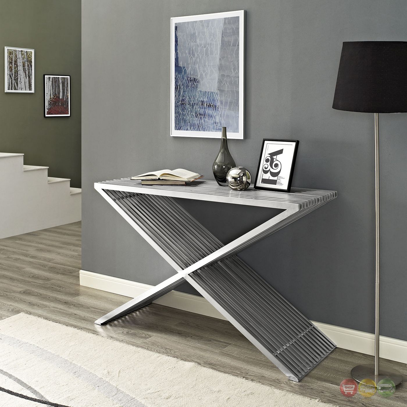 Press Slatted Console Table With "x" Style Base In Stainless Steel, Silver With Regard To Metallic Silver Console Tables (View 4 of 20)