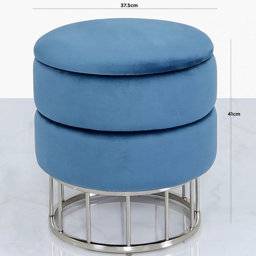 Prussian Blue Velvet And Stainless Steel Round Storage Ottoman Stool With Regard To Blue Round Storage Ottomans Set Of  (View 8 of 20)
