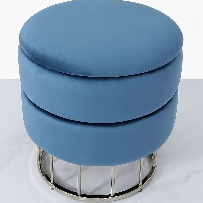 Prussian Blue Velvet And Stainless Steel Round Storage Ottoman Stool Within Velvet Ribbed Fabric Round Storage Ottomans (View 16 of 20)