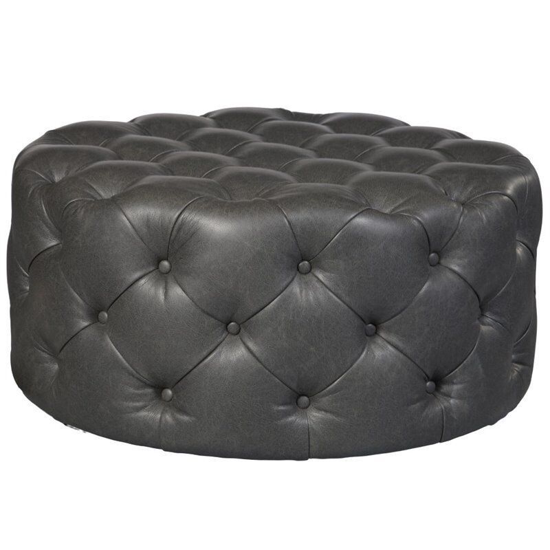 Pulaski Round Button Tufted Cocktail Ottoman With Casters In Black Throughout Caramel Leather And Bronze Steel Tufted Square Ottomans (View 9 of 20)