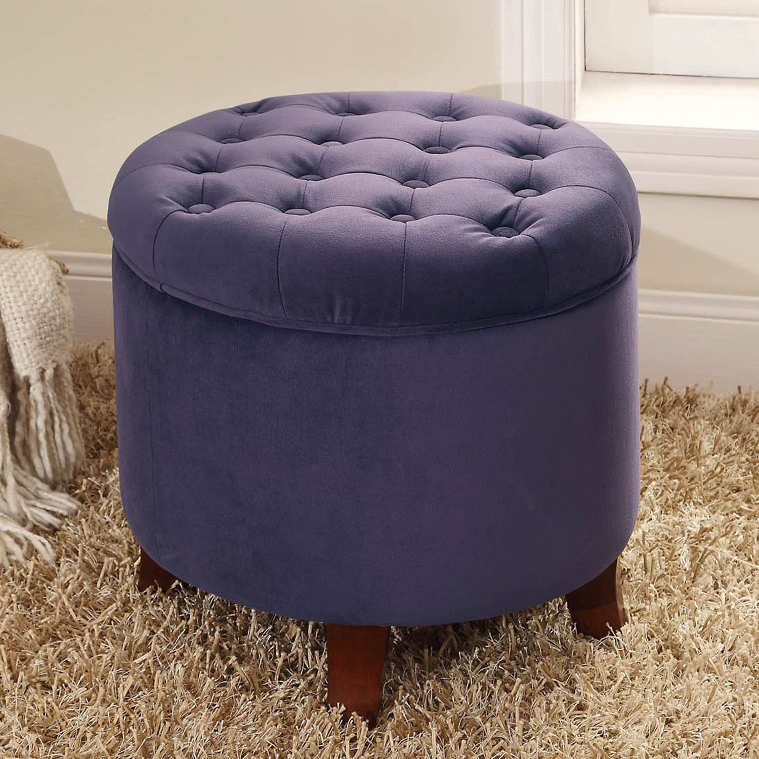 Purple Velvet Tufted Round Storage Ottoman – Pier1 Imports Pertaining To Brown Fabric Tufted Surfboard Ottomans (View 1 of 20)