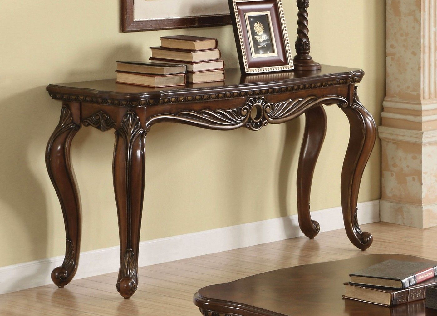 Radbourne Traditional Carved Wooden Top Sofa Table In Brown Cherry For Brown Wood And Steel Plate Console Tables (View 5 of 20)