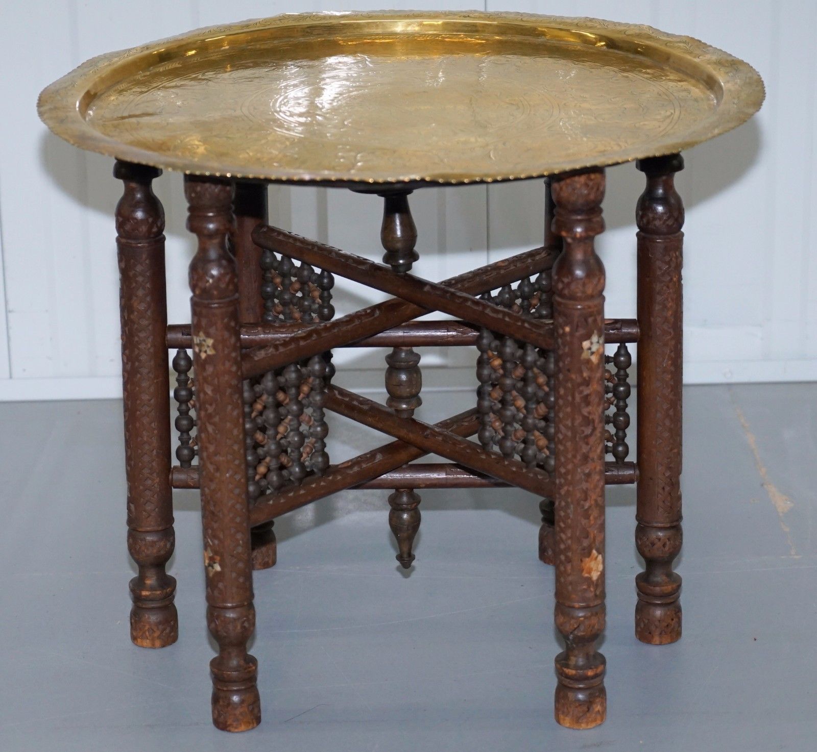 Rare Vintage Moroccan Etched Brass Round Tray Table Mother Of Pearl In Antique Brass Round Console Tables (View 5 of 20)