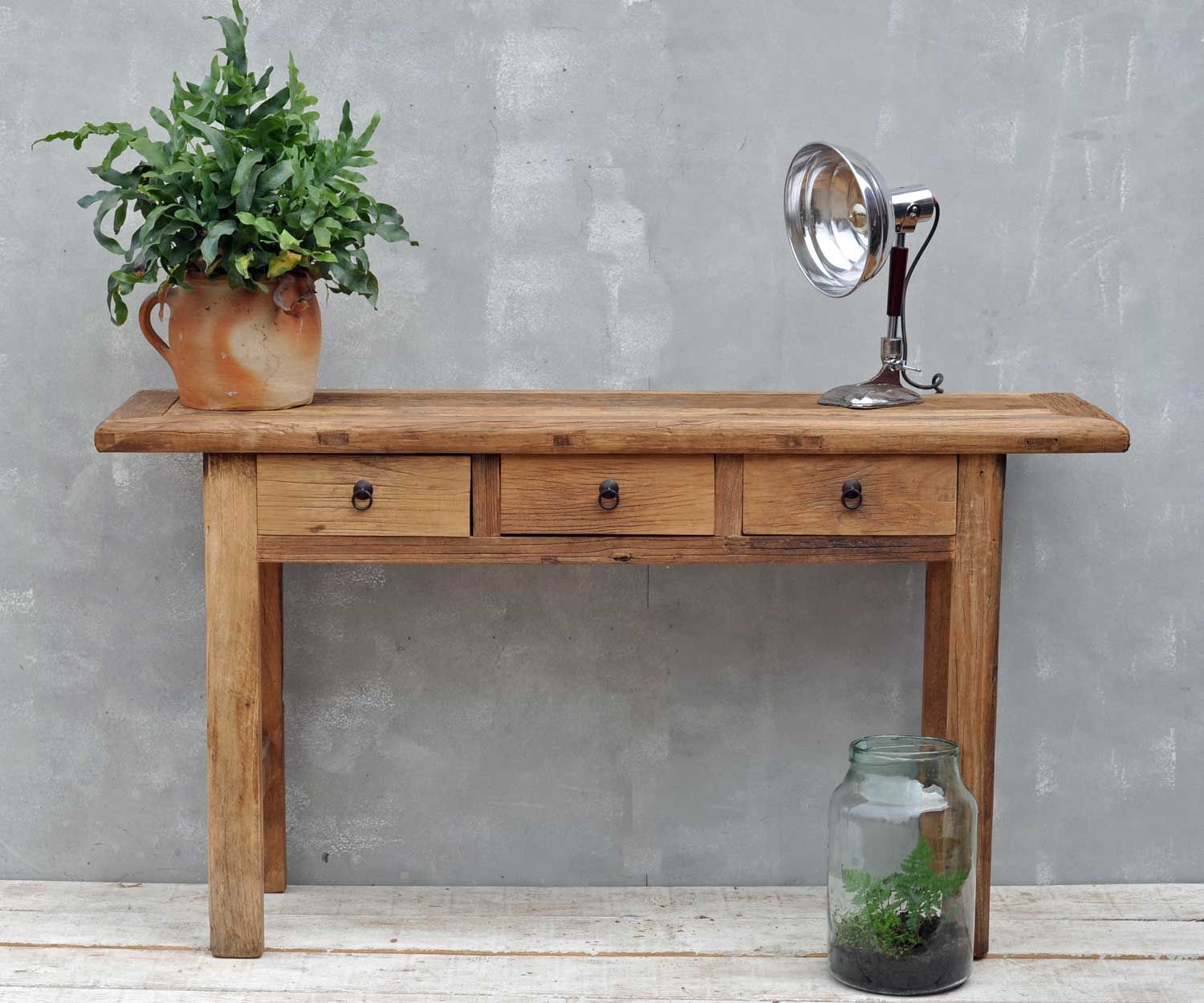 Reclaimed Rustic Solid Elm Three Drawer Console Table – Home Barn Vintage For Antique Blue Wood And Gold Console Tables (View 2 of 20)