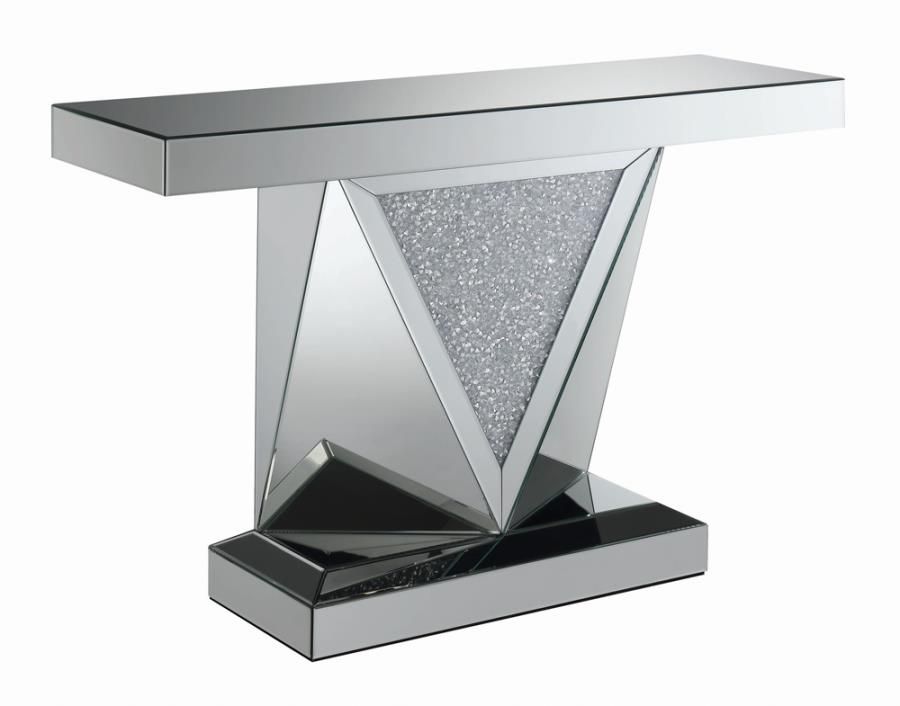 Rectangular Sofa Table With Triangle Detailing Silver And Clear Mirror In Silver Leaf Rectangle Console Tables (View 14 of 20)