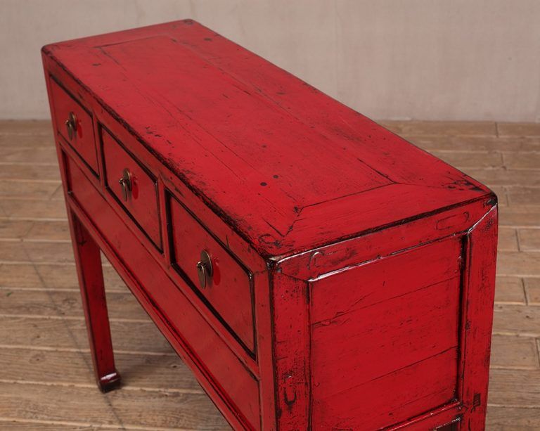 Red High Lacquer 3 Drawer Console Table – Nookdeco Pertaining To Antique White Black Console Tables (View 18 of 20)