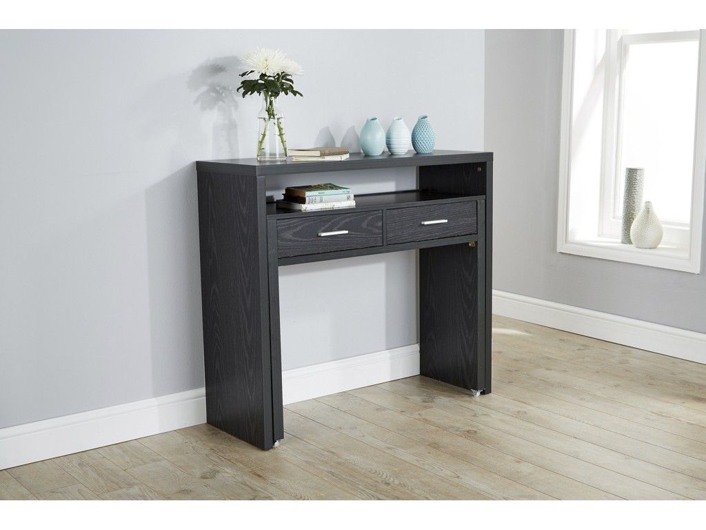 Regis Black Extending Modern Console Table Desk With Wheels Intended For 2 Piece Modern Nesting Console Tables (View 6 of 20)