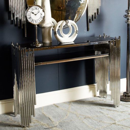 Remington Silver Premium Metal And Smoked Glass Console Table | Picture With Regard To Metallic Silver Console Tables (View 17 of 20)