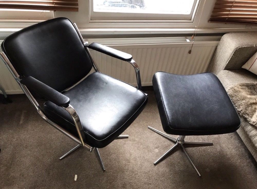 Retro Vintage Danish Faux Leather Chrome Swivel Lounge 70s 80s Chair Regarding Chrome Swivel Ottomans (View 1 of 20)