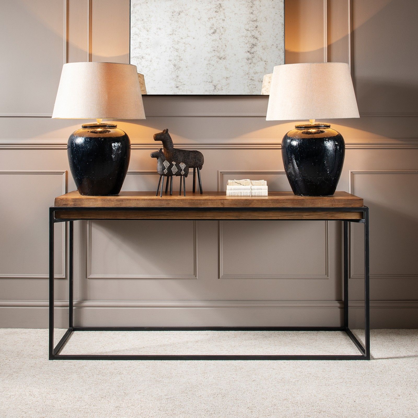 Richmond Elm Console Table With Rustic Black Iron Frame | Avenue 555 Regarding Caviar Black Console Tables (View 3 of 20)