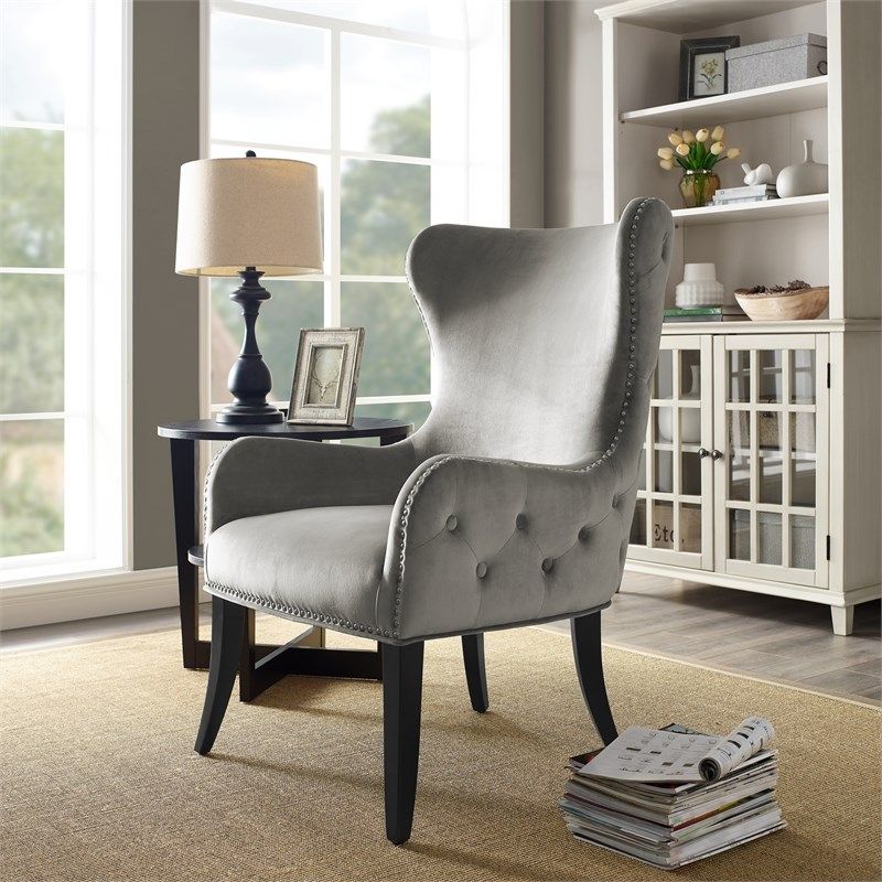 Riverbay Furniture Boston Tufted Fabric And Wood Round Back Accent Regarding Smoke Gray Wood Accent Stools (View 10 of 20)