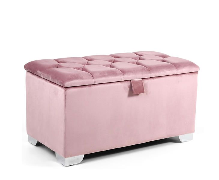 Roanne Pink Velvet Upholstered Buttoned Ottoman – Just Ottomans For Pink Fabric Banded Ottomans (View 9 of 20)