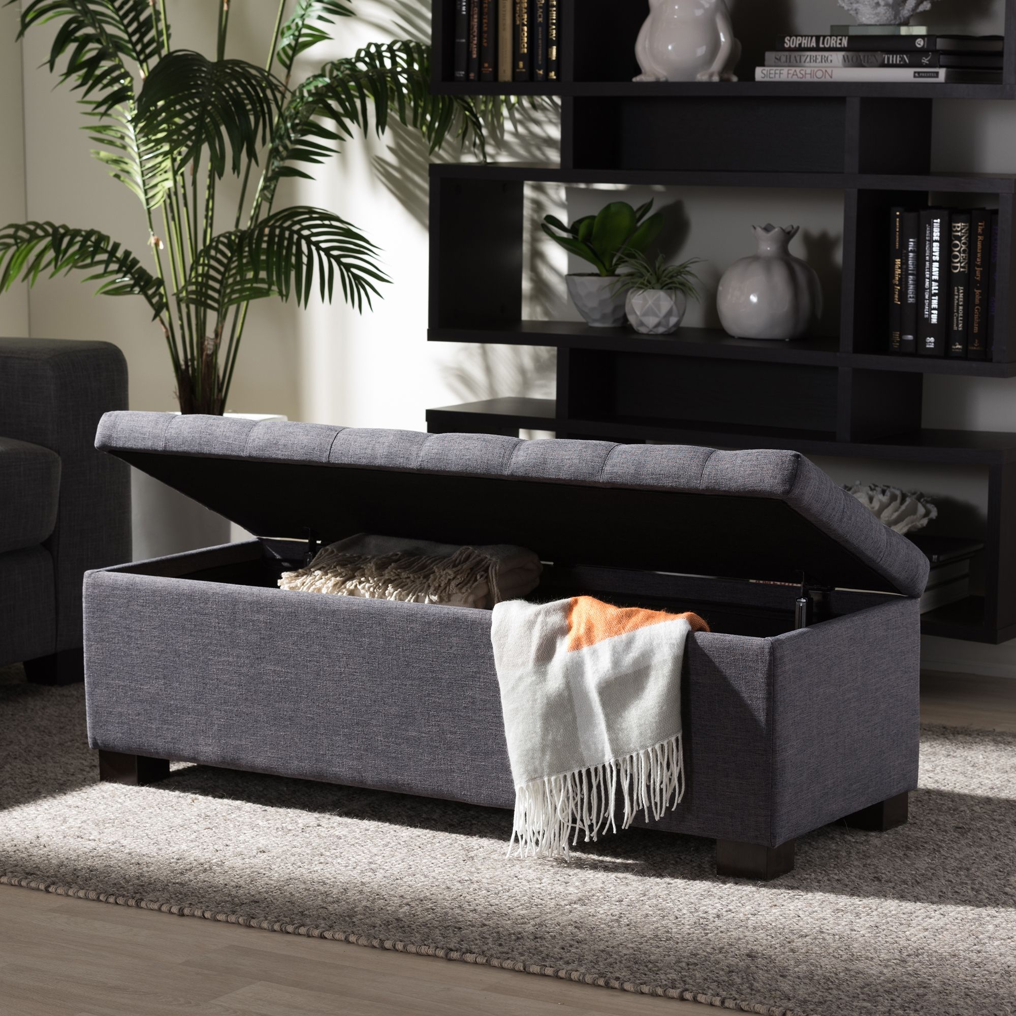 Roanoke Contemporary Grid Tufted Fabric Upholstered 46" Storage Bench Throughout Multi Color Fabric Storage Ottomans (View 6 of 20)