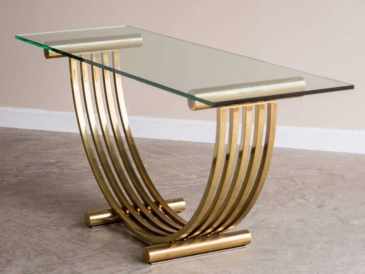 Romeo Rega Midcentury Modern Brass Glass Top Console Table, Italy Circa Regarding Brass Smoked Glass Console Tables (View 8 of 20)