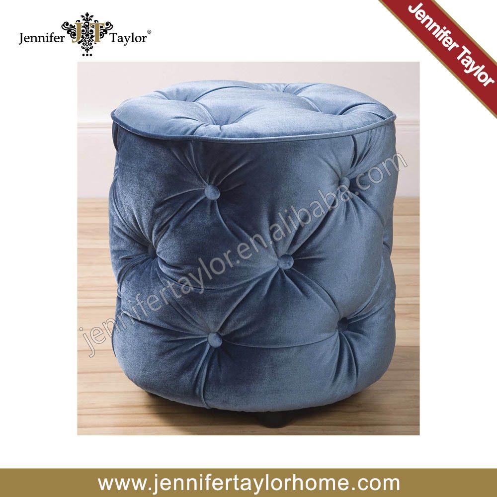 Round Blue Velvet Buttoned Fabric Pouf Ottoman  In Stools & Ottomans Pertaining To Pouf Textured Blue Round Pouf Ottomans (Gallery 20 of 20)