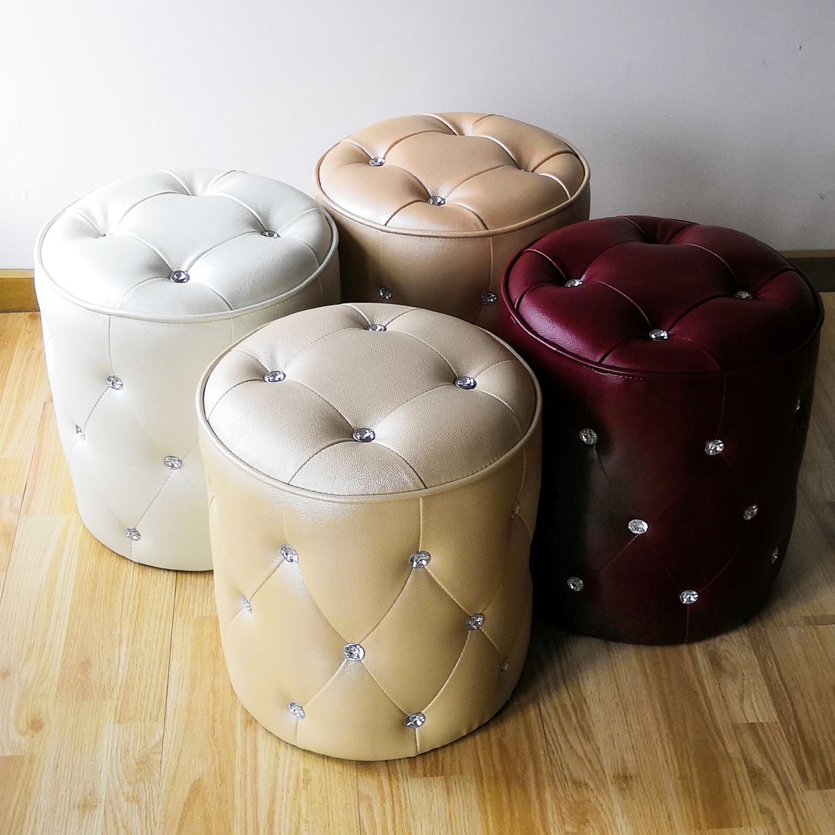Round Footstool Diamante Pouffe Ottoman Foot Stool Rest Seat Leather Throughout Round Gold Faux Leather Ottomans With Pull Tab (View 6 of 20)