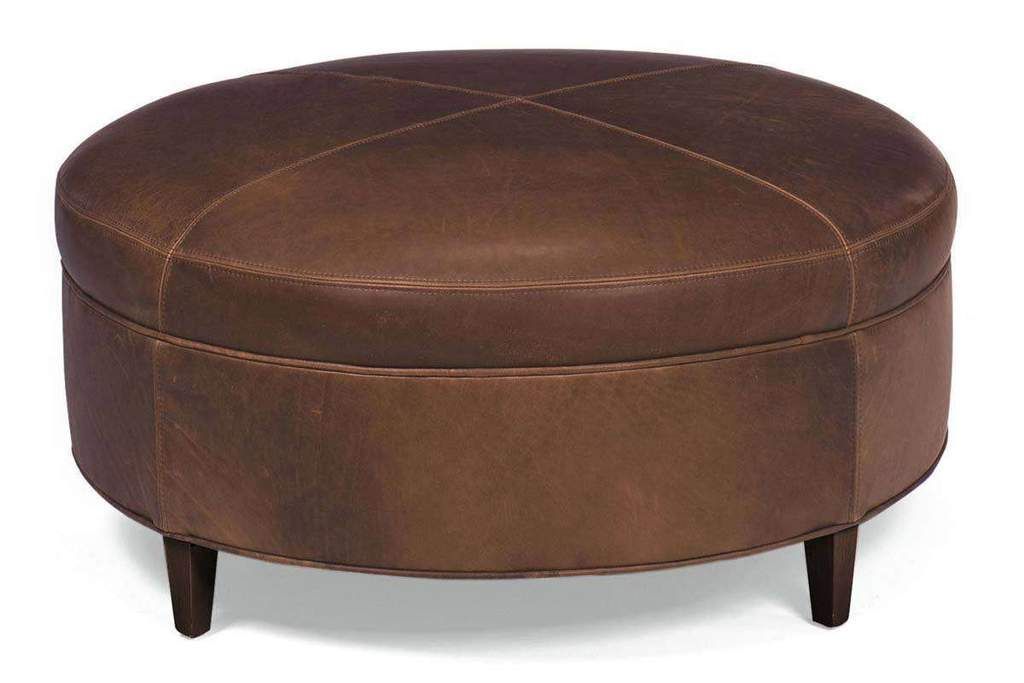 Round Leather Ottoman – Andover Inlay Welt Footstool | Club Furniture For Weathered Gold Leather Hide Pouf Ottomans (View 6 of 20)
