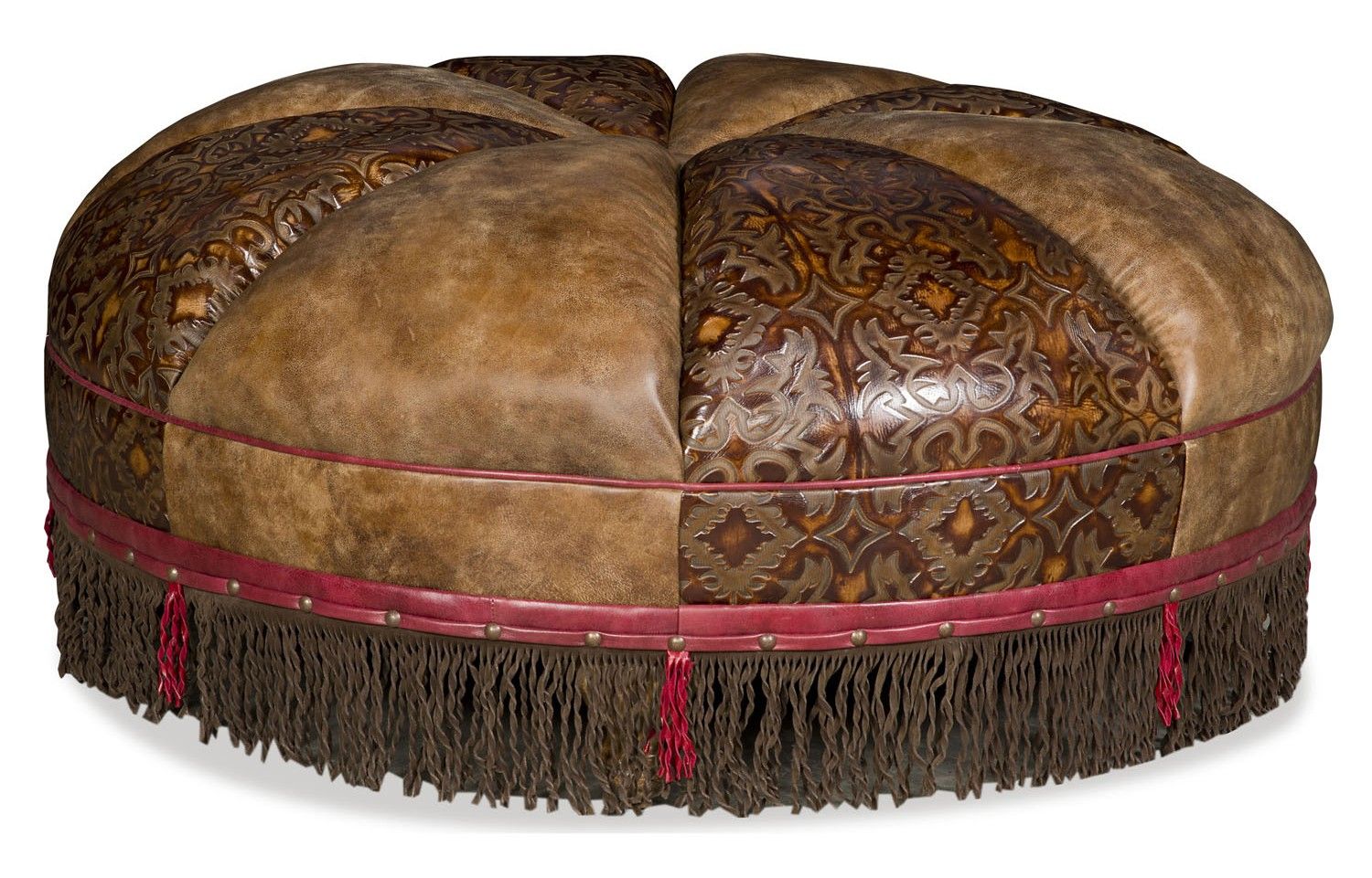 Round Leather Ottoman With Embossed Leather And Fringed Detail With Brown And Ivory Leather Hide Round Ottomans (View 12 of 20)