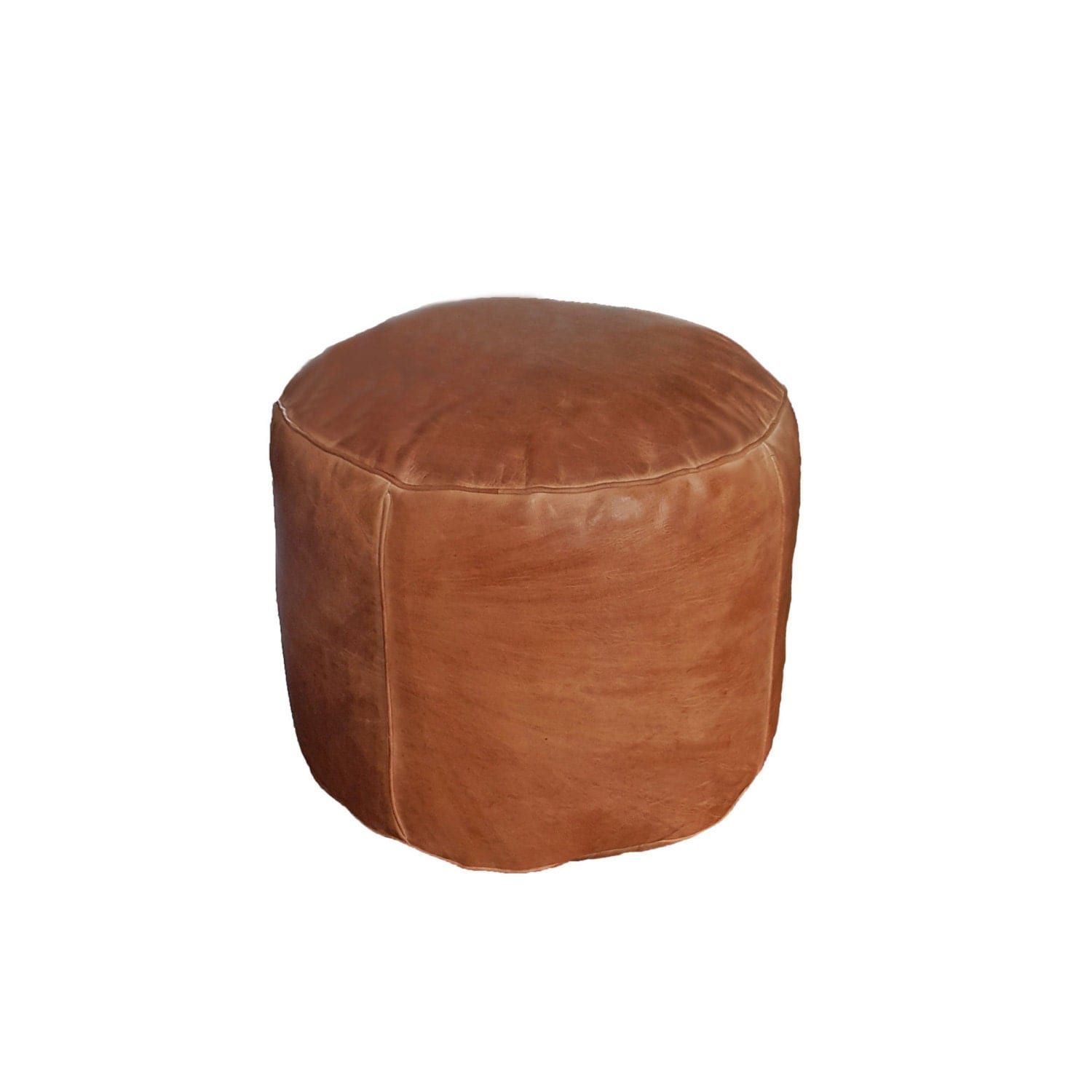 Round Leather Pouf Ottoman Natural Brown Leather With Regard To Brown Leather Tan Canvas Pouf Ottomans (View 4 of 20)
