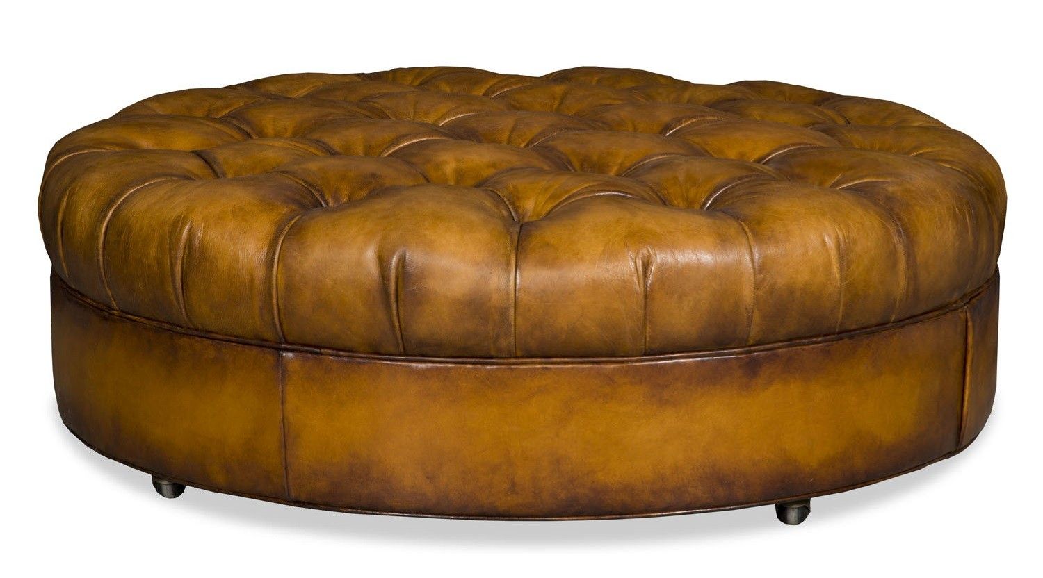 Round Leather Tufted Ottoman Intended For Gold And White Leather Round Ottomans (View 2 of 20)