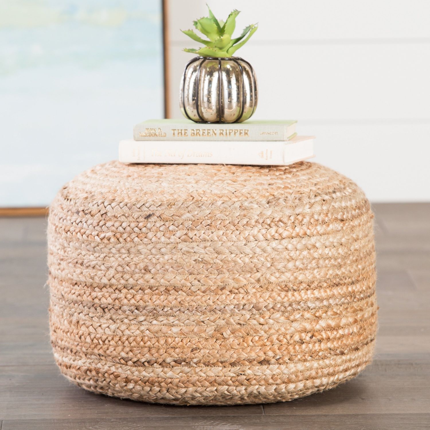 Round Natural Jute Pouf Tan Ottoman Cylindrical Footstool Braided Woven For Natural Fabric Square Ottomans (View 11 of 20)