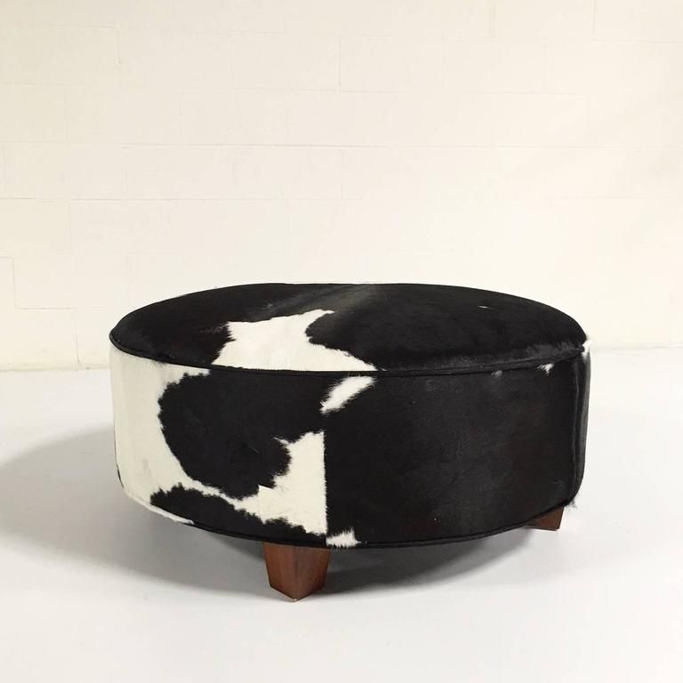 Round Ottoman In Black And White Brazilian Cowhide At 1stdibs Within Black And White Zigzag Pouf Ottomans (View 3 of 20)