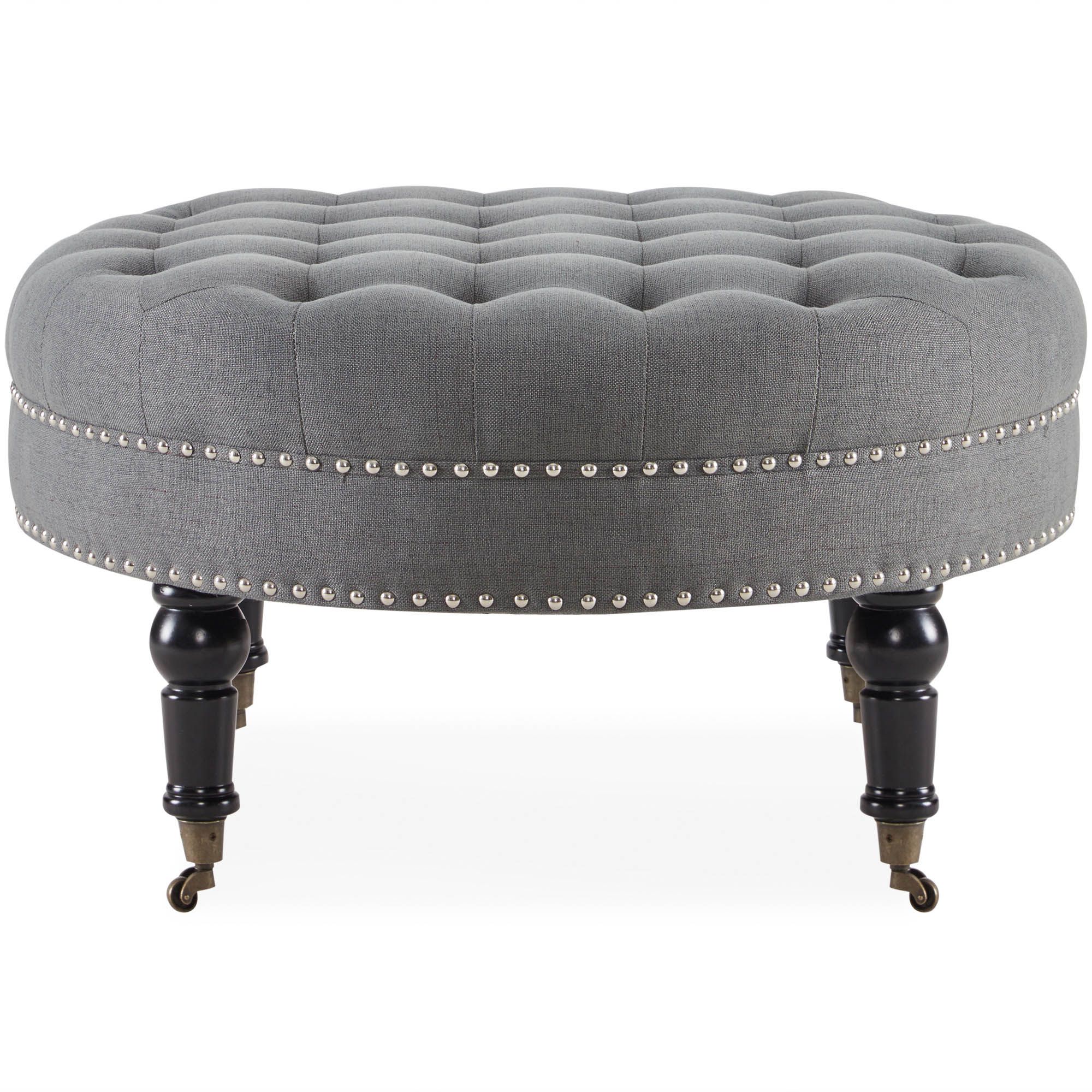 Round Ottoman Large Tufted Upholstery Bedroom With Caster Wheel, Gray For Round Beige Faux Leather Ottomans With Pull Tab (View 10 of 20)